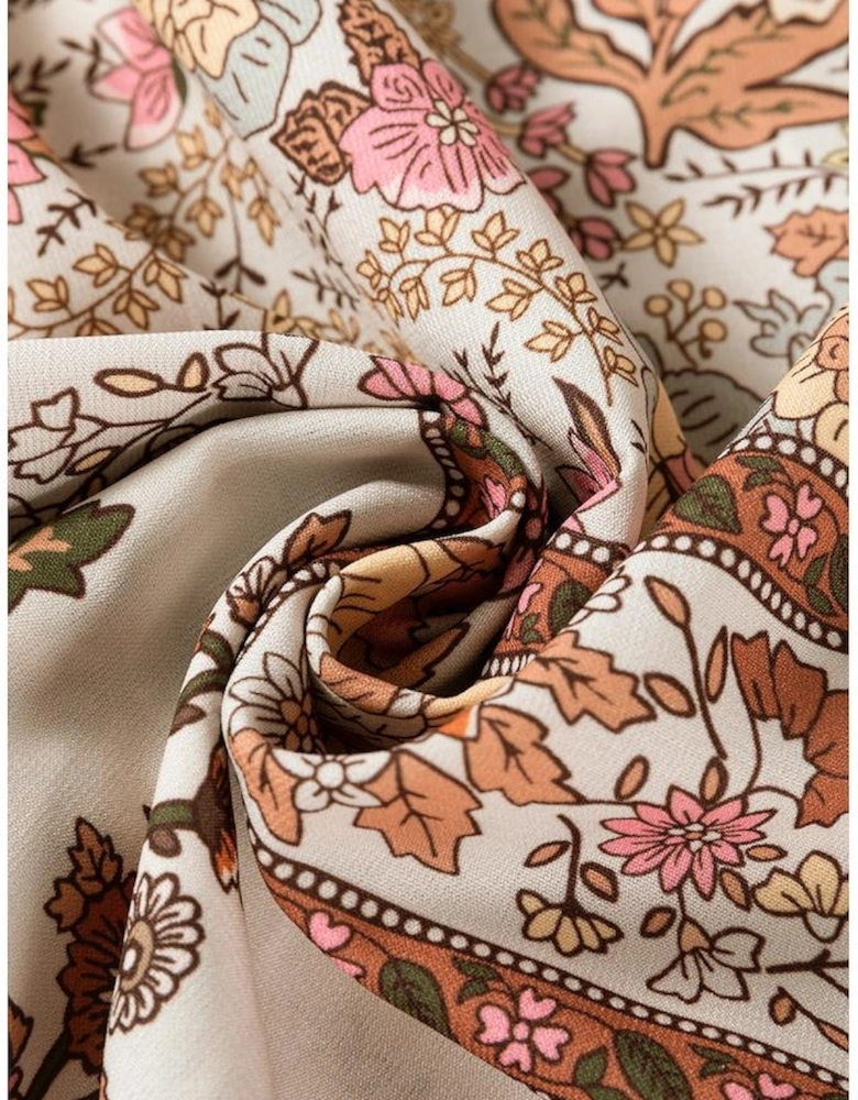 Yellow Floral Print Tie Neck Lantern Sleeve Blouse