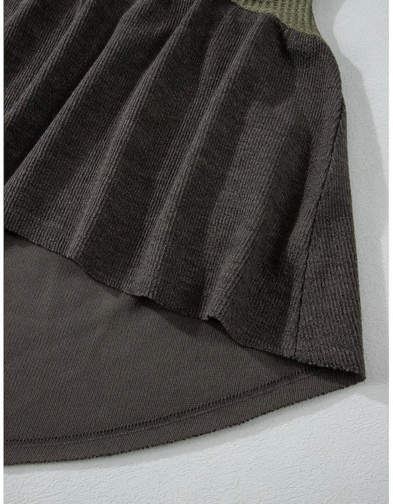 Laurel Green Mixed Textured Colorblock Patchwork Wide Sleeve Frayed High Low Hooded Top