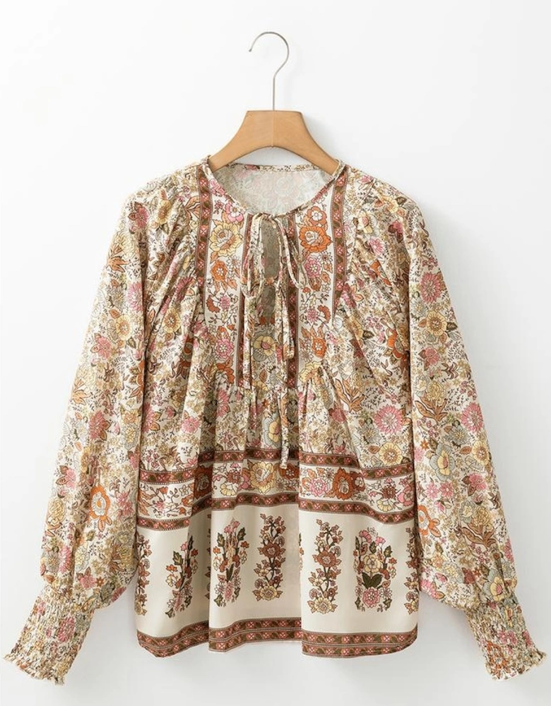 Yellow Floral Print Tie Neck Lantern Sleeve Blouse