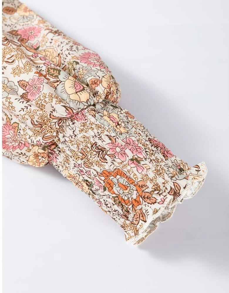 Yellow Floral Print Tie Neck Lantern Sleeve Blouse