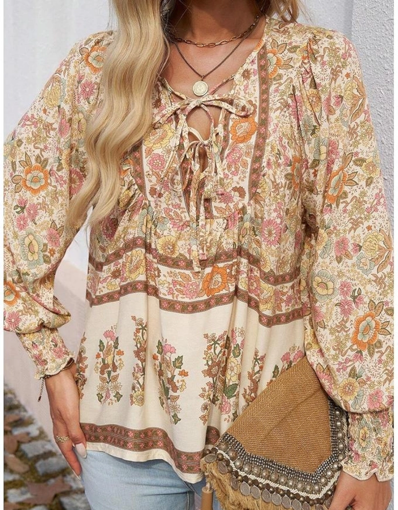 Yellow Floral Print Tie Neck Lantern Sleeve Blouse