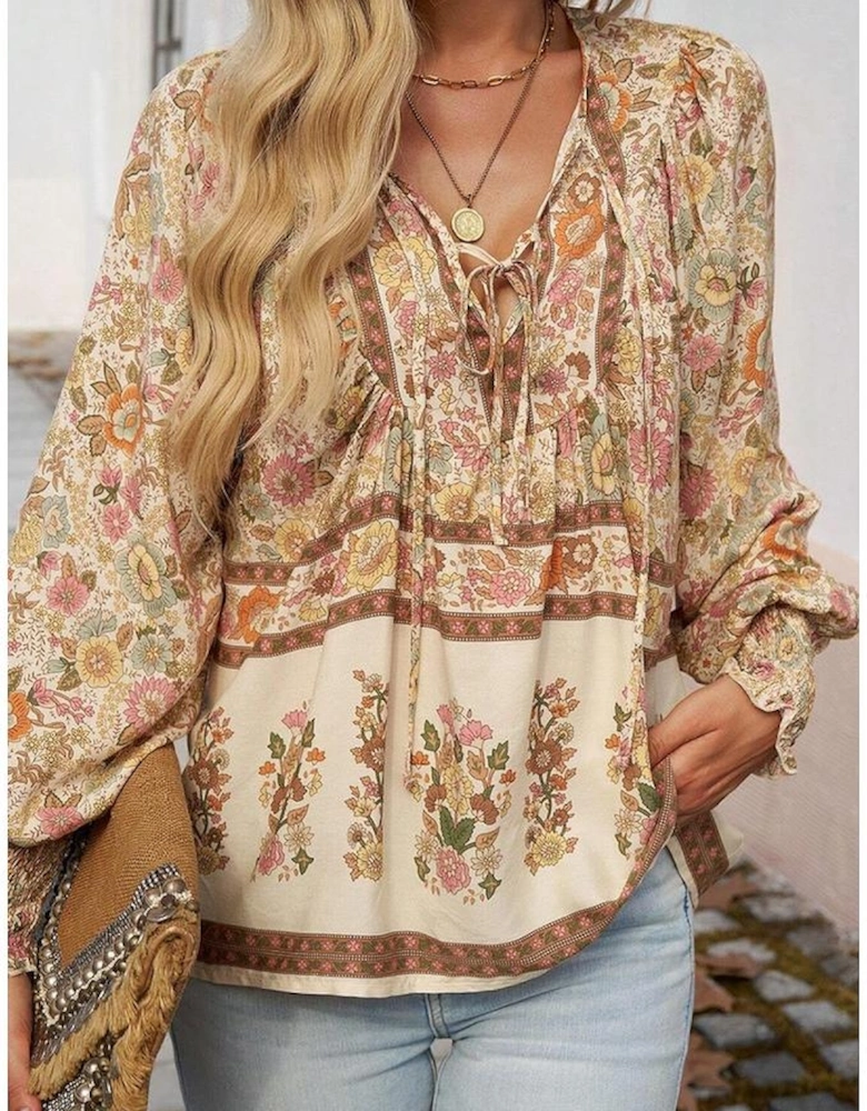 Yellow Floral Print Tie Neck Lantern Sleeve Blouse