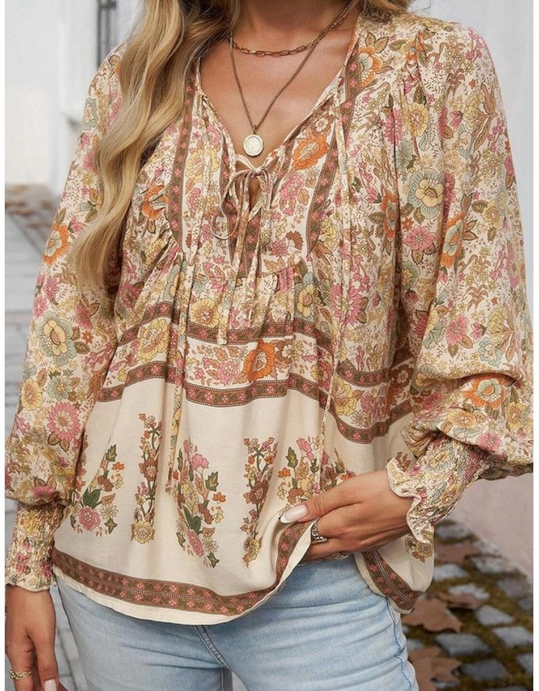 Yellow Floral Print Tie Neck Lantern Sleeve Blouse