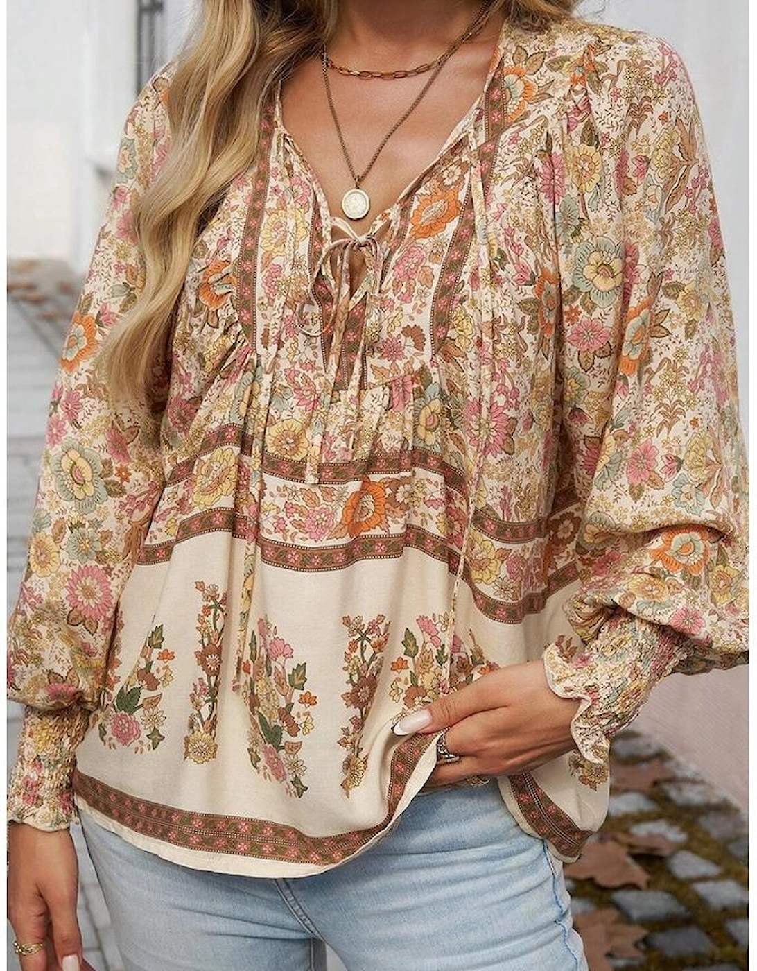 Yellow Floral Print Tie Neck Lantern Sleeve Blouse