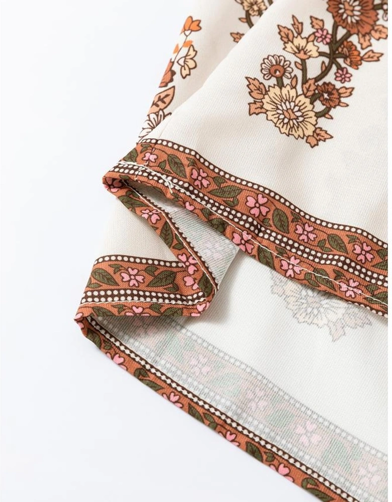 Yellow Floral Print Tie Neck Lantern Sleeve Blouse