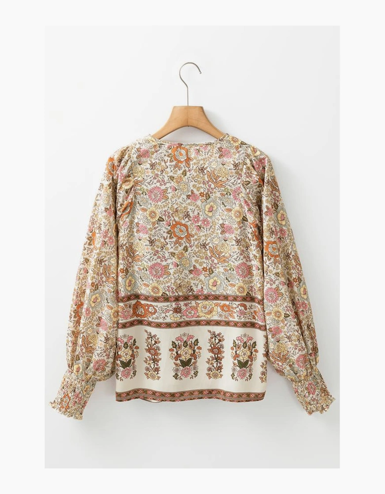 Yellow Floral Print Tie Neck Lantern Sleeve Blouse