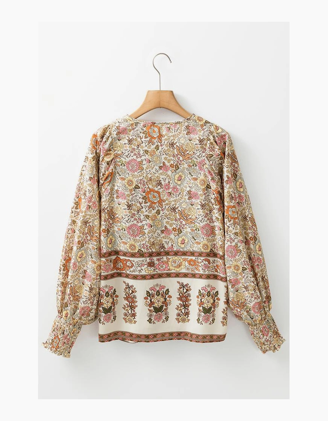 Yellow Floral Print Tie Neck Lantern Sleeve Blouse