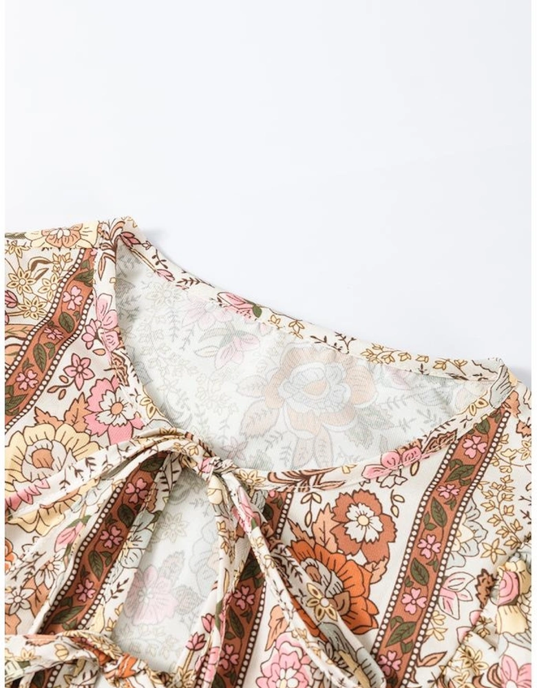 Yellow Floral Print Tie Neck Lantern Sleeve Blouse