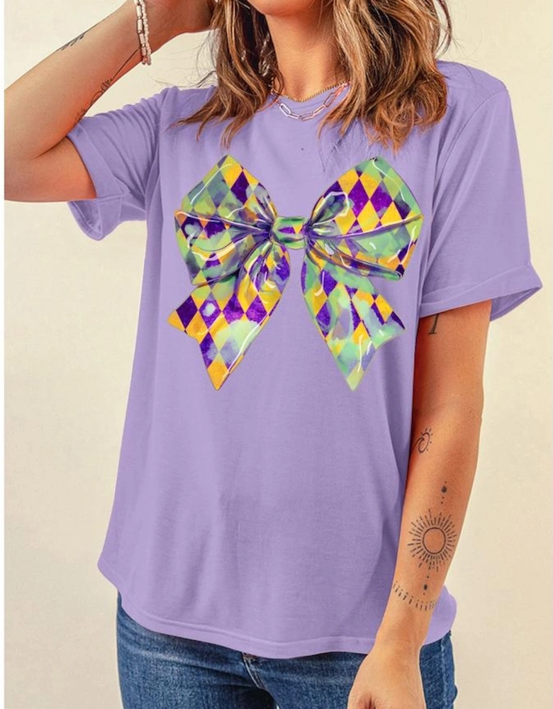 Wisteria Mardi Gras Bowknot Pattern Crew Neck T Shirt