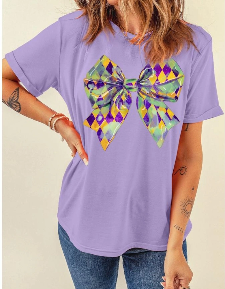 Wisteria Mardi Gras Bowknot Pattern Crew Neck T Shirt