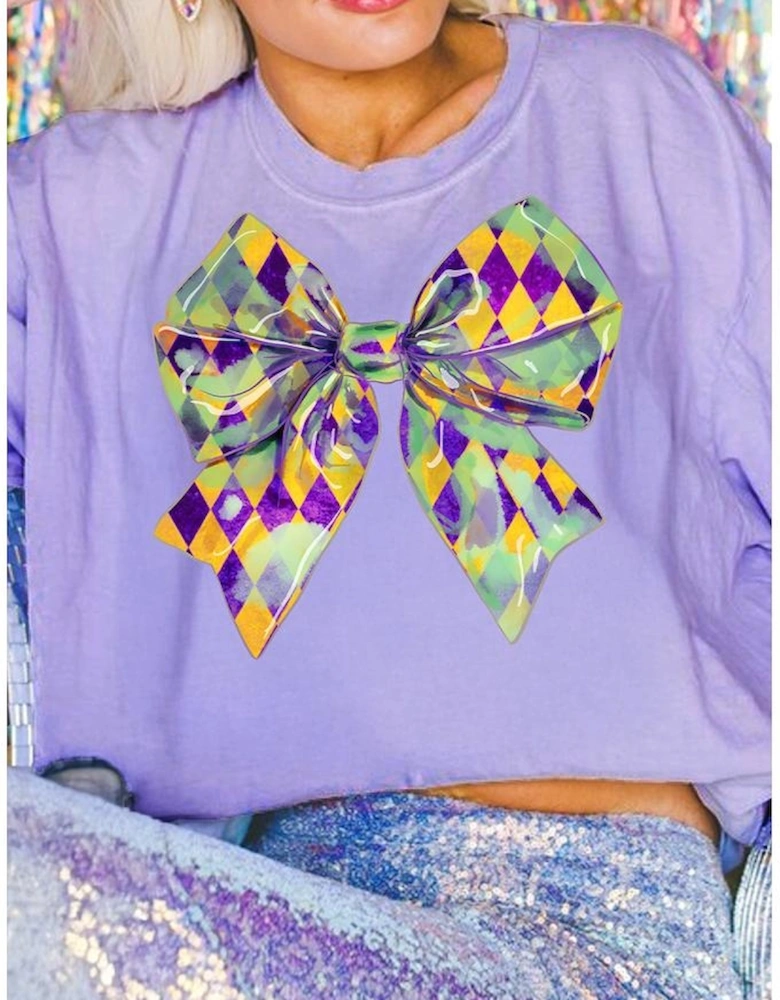 Wisteria Mardi Gras Bowknot Pattern Crew Neck T Shirt