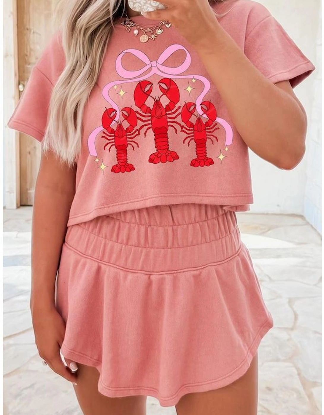 Blossom Bow Crawfish Print T Shirt and High Waist Ruffle Skorts Set