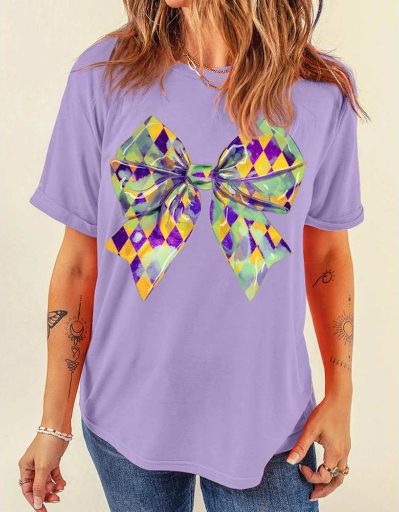 Wisteria Mardi Gras Bowknot Pattern Crew Neck T Shirt