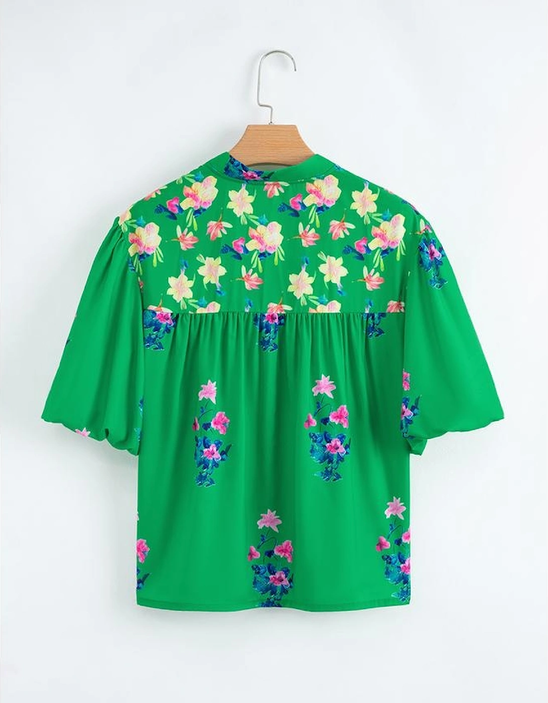 Green Floral Detail Tie Split Neck Short Sleeve Blouse