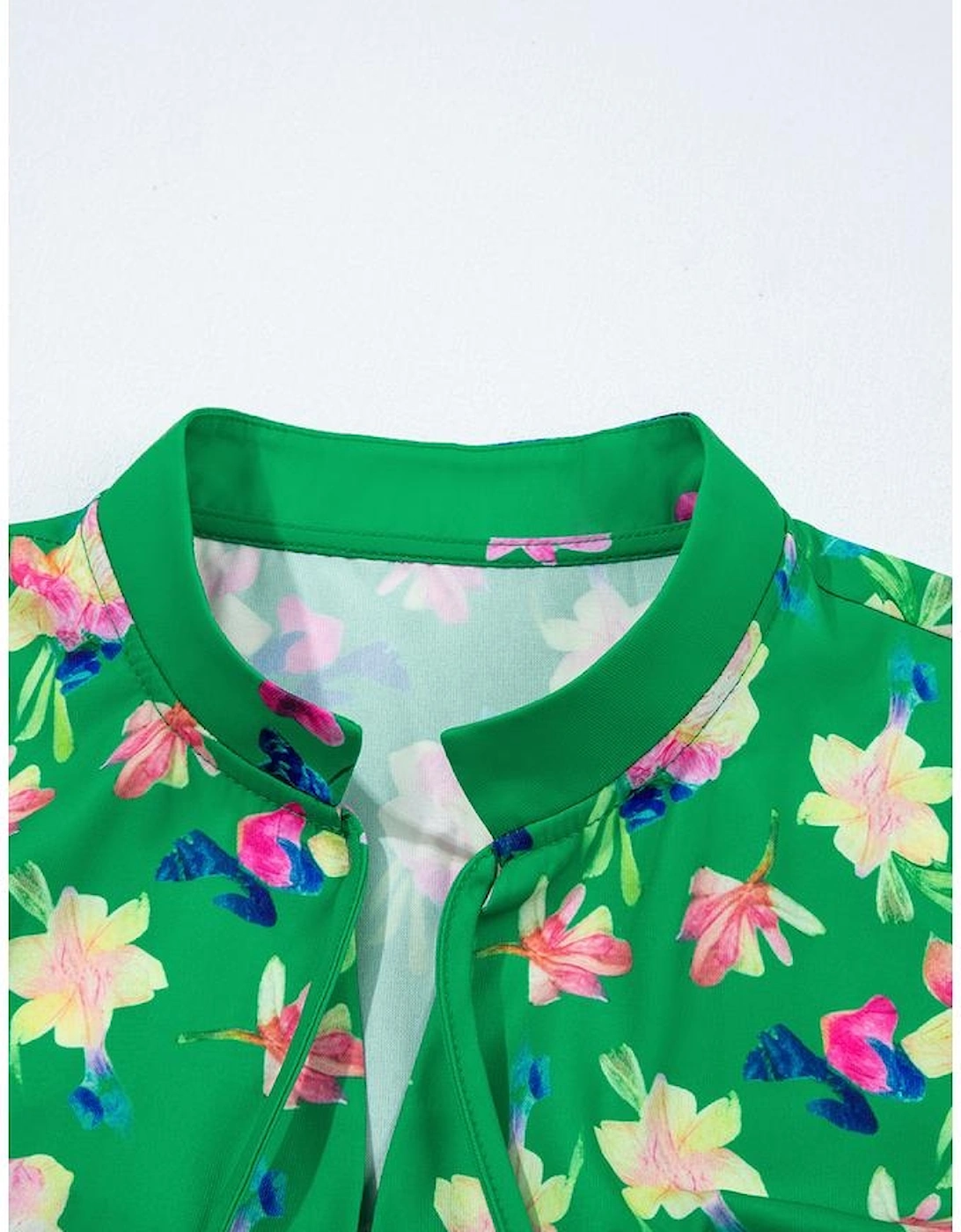 Green Floral Detail Tie Split Neck Short Sleeve Blouse