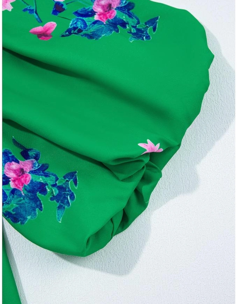 Green Floral Detail Tie Split Neck Short Sleeve Blouse