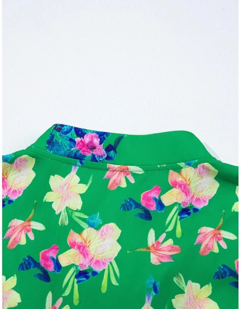 Green Floral Detail Tie Split Neck Short Sleeve Blouse
