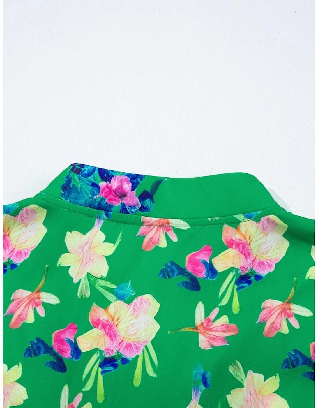 Green Floral Detail Tie Split Neck Short Sleeve Blouse