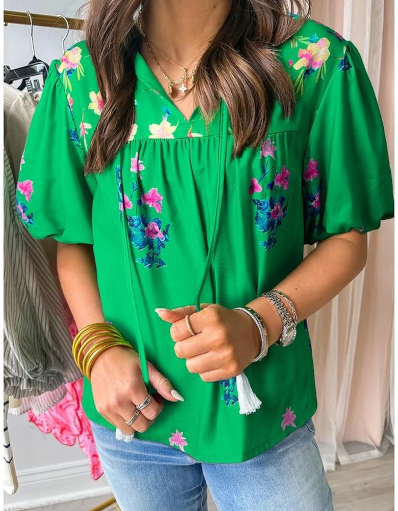 Green Floral Detail Tie Split Neck Short Sleeve Blouse