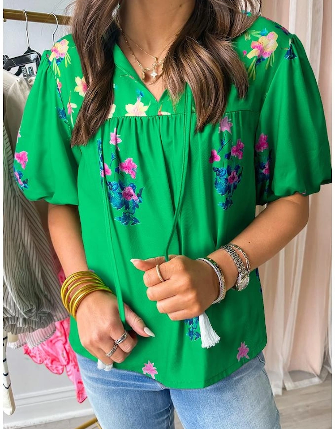 Green Floral Detail Tie Split Neck Short Sleeve Blouse