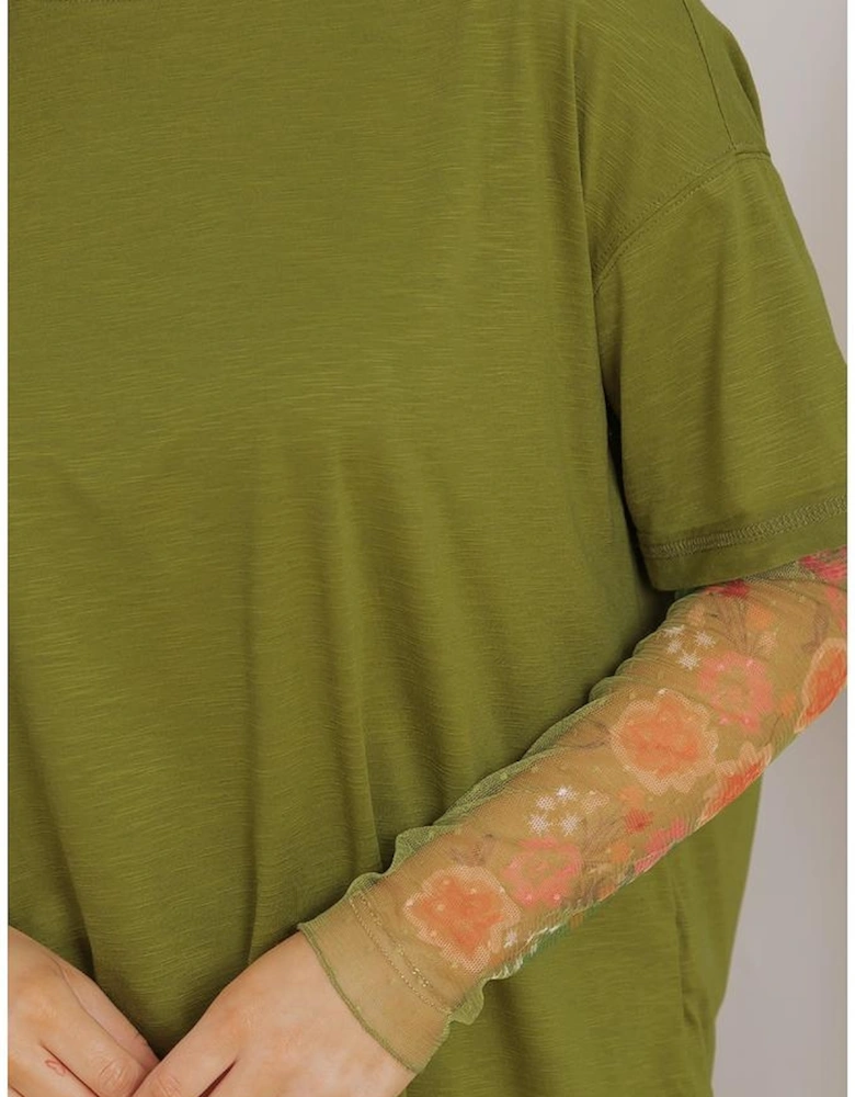 Fern Green Faux Two Piece Floral Long Sleeve Patchwork Tee