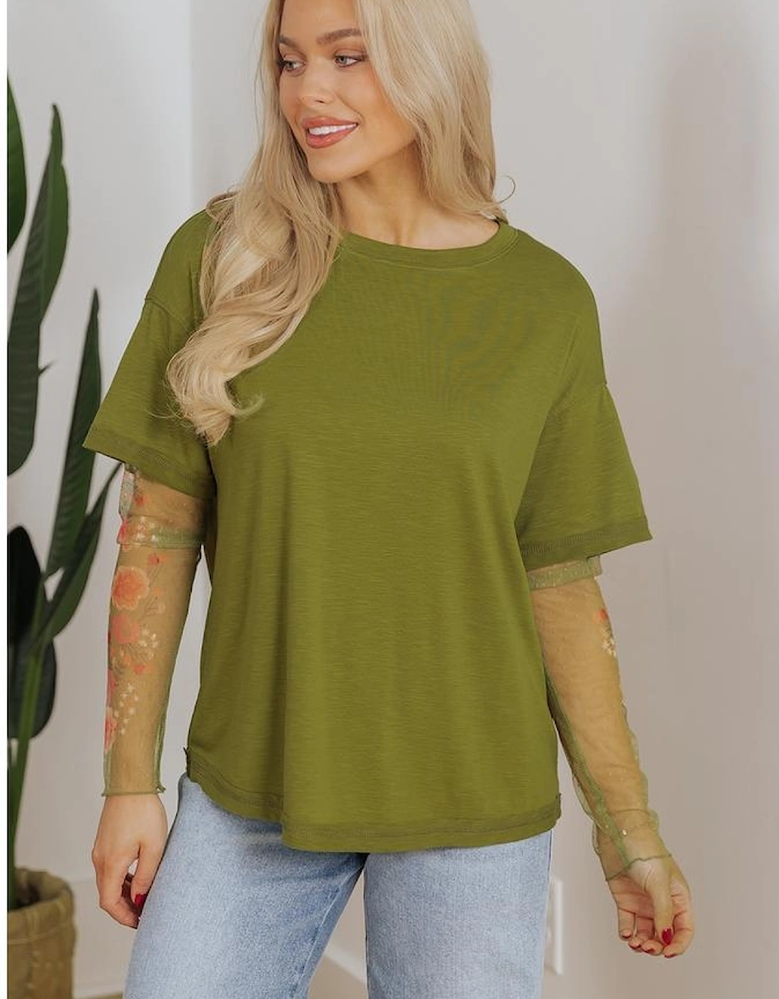 Fern Green Faux Two Piece Floral Long Sleeve Patchwork Tee