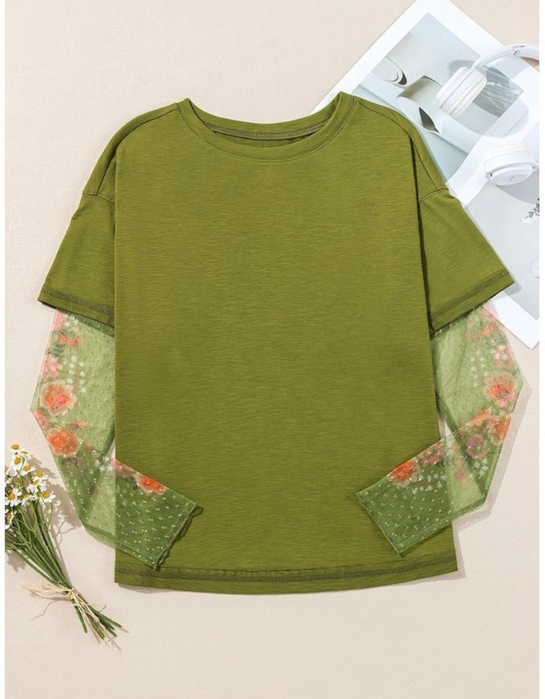 Fern Green Faux Two Piece Floral Long Sleeve Patchwork Tee