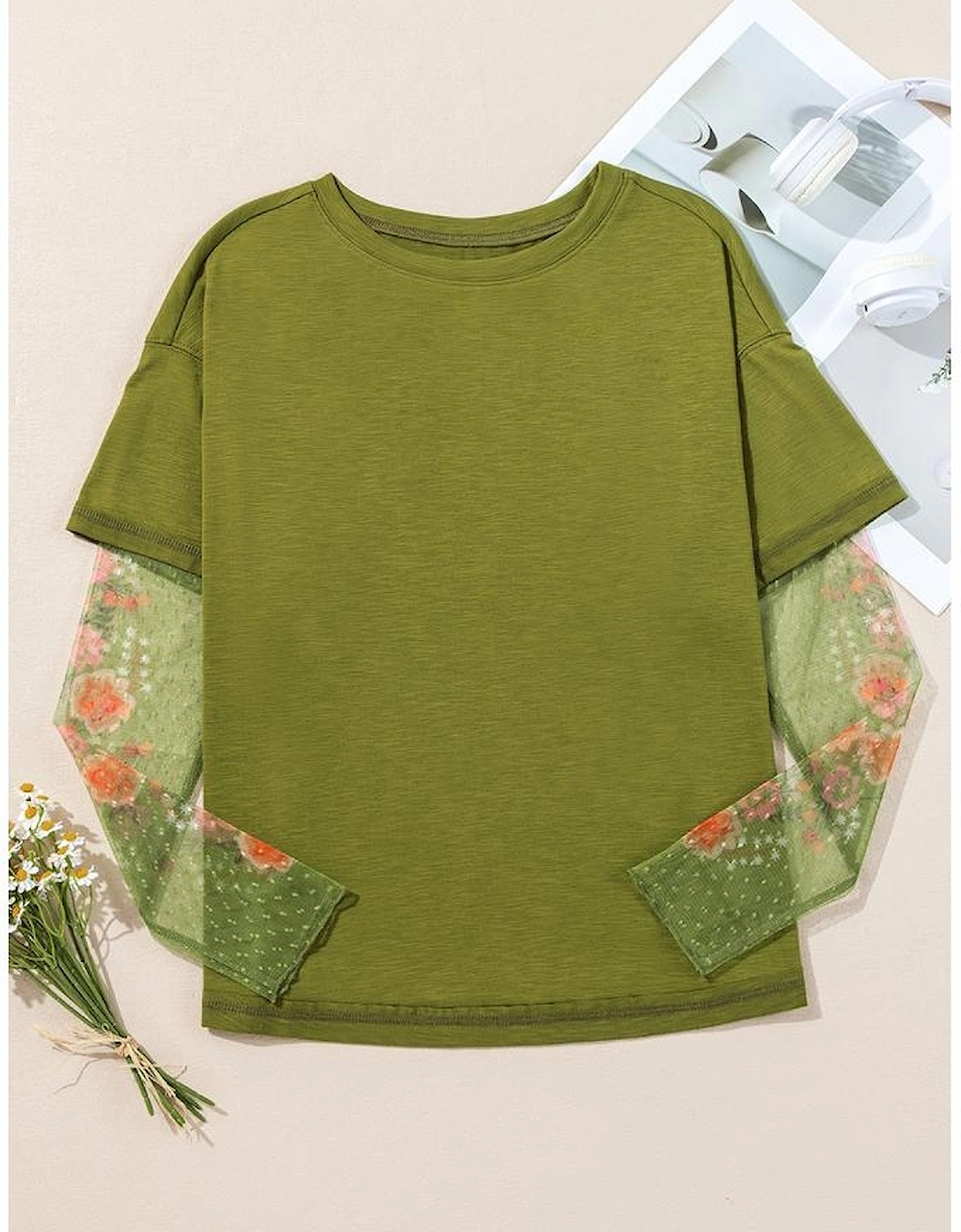 Fern Green Faux Two Piece Floral Long Sleeve Patchwork Tee