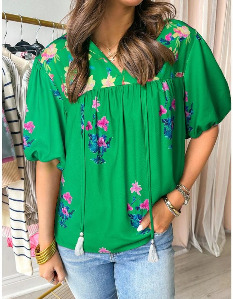 Green Floral Detail Tie Split Neck Short Sleeve Blouse