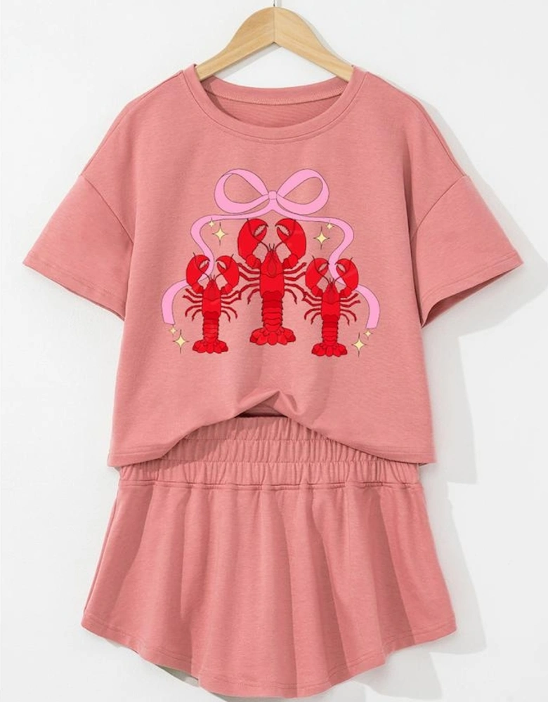 Blossom Bow Crawfish Print T Shirt and High Waist Ruffle Skorts Set