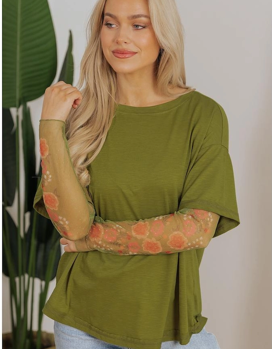 Fern Green Faux Two Piece Floral Long Sleeve Patchwork Tee