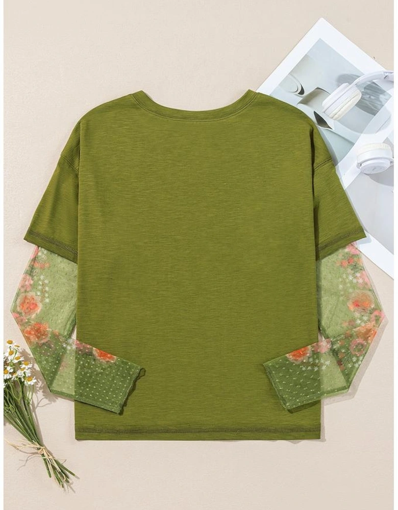Fern Green Faux Two Piece Floral Long Sleeve Patchwork Tee