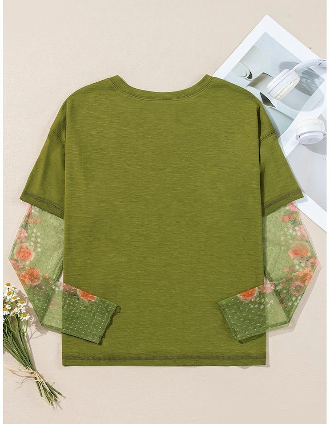 Fern Green Faux Two Piece Floral Long Sleeve Patchwork Tee