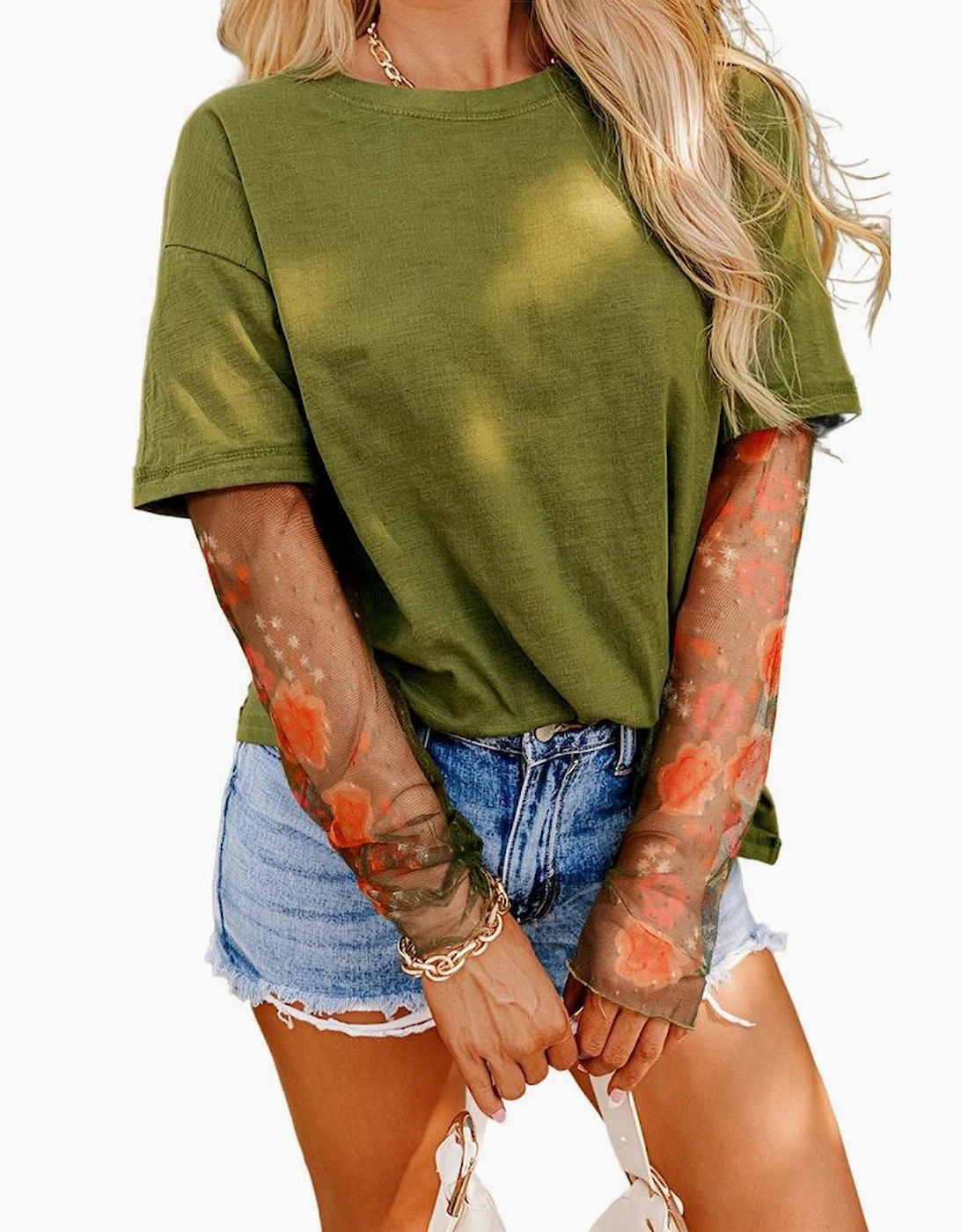 Fern Green Faux Two Piece Floral Long Sleeve Patchwork Tee