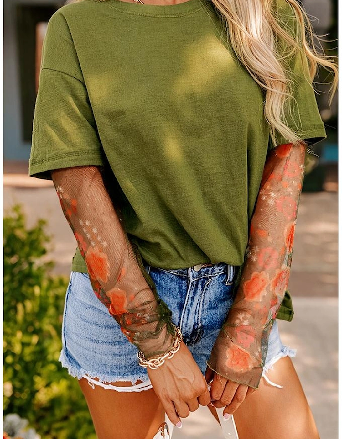 Fern Green Faux Two Piece Floral Long Sleeve Patchwork Tee