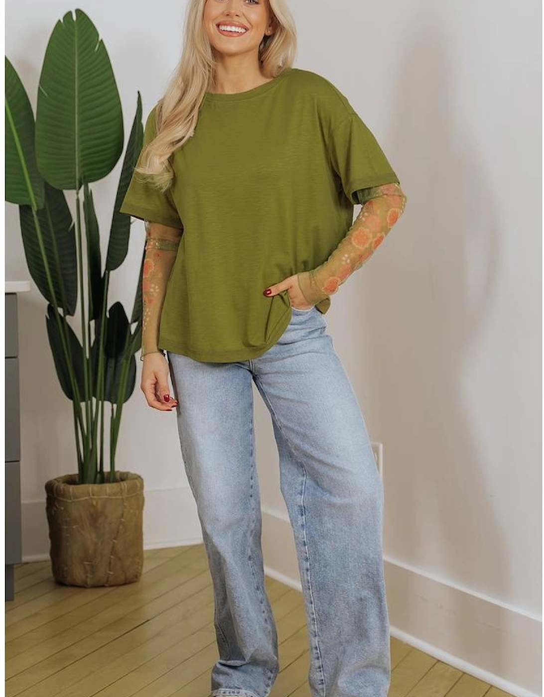 Fern Green Faux Two Piece Floral Long Sleeve Patchwork Tee