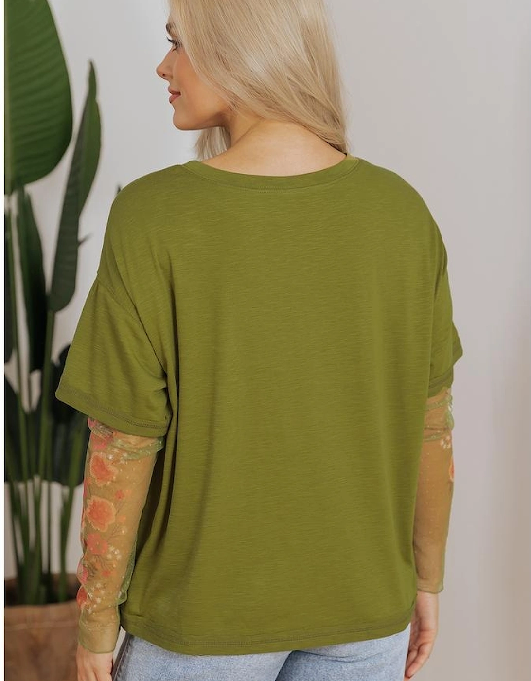Fern Green Faux Two Piece Floral Long Sleeve Patchwork Tee