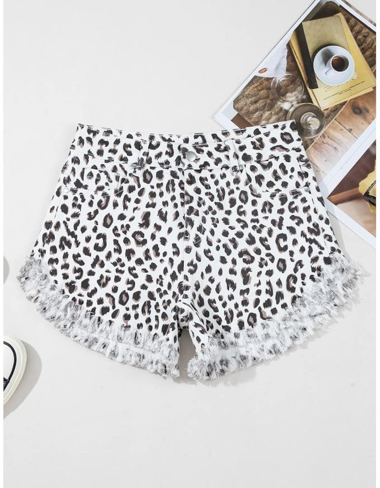 White Leopard Frayed Hem Denim Shorts