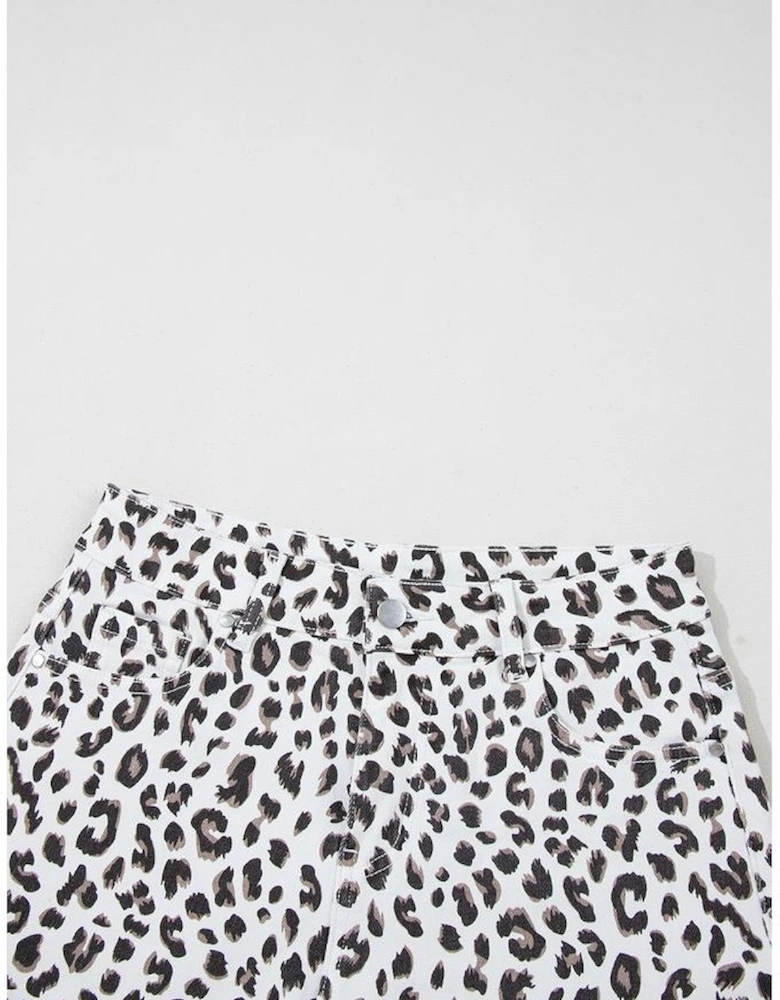 White Leopard Frayed Hem Denim Shorts