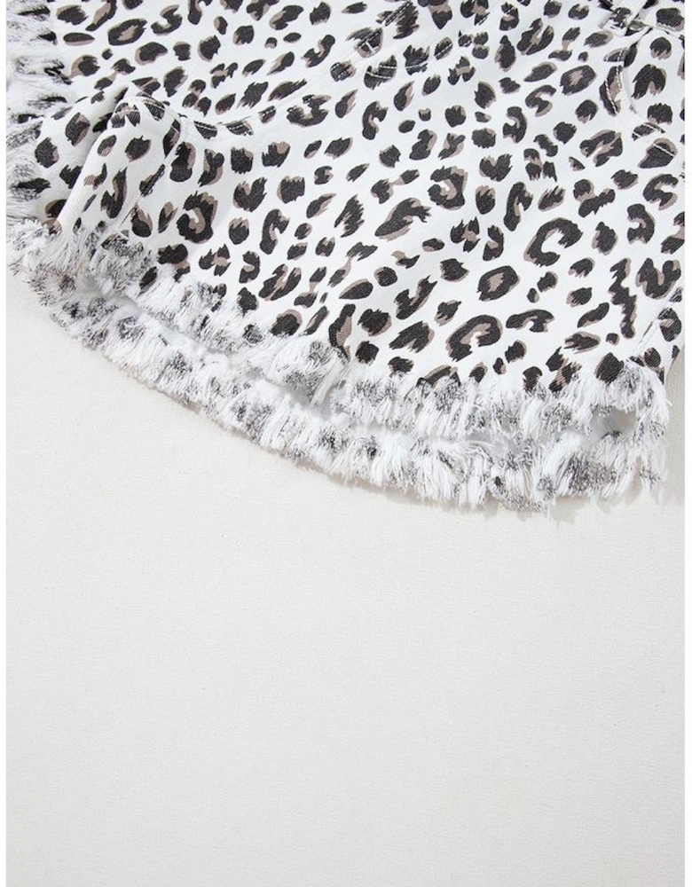 White Leopard Frayed Hem Denim Shorts