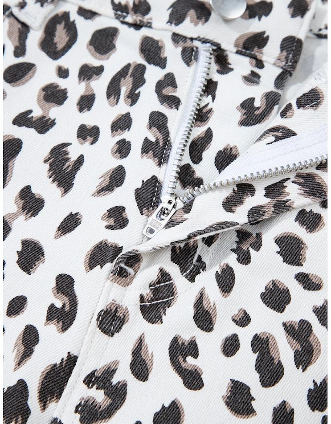 White Leopard Frayed Hem Denim Shorts