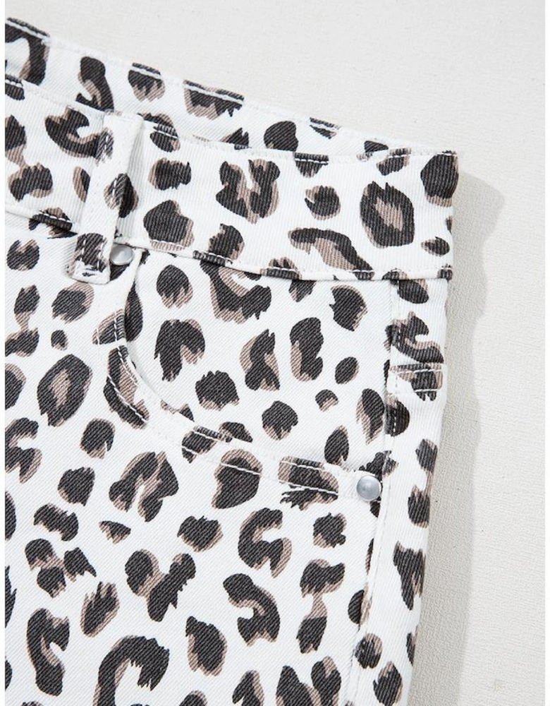 White Leopard Frayed Hem Denim Shorts