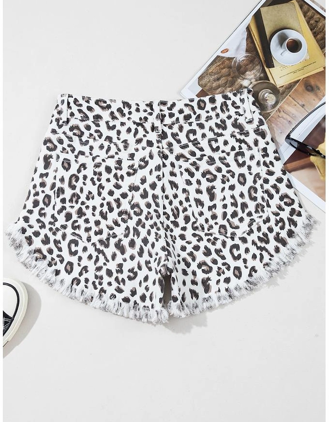 White Leopard Frayed Hem Denim Shorts