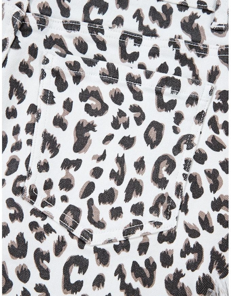 White Leopard Frayed Hem Denim Shorts