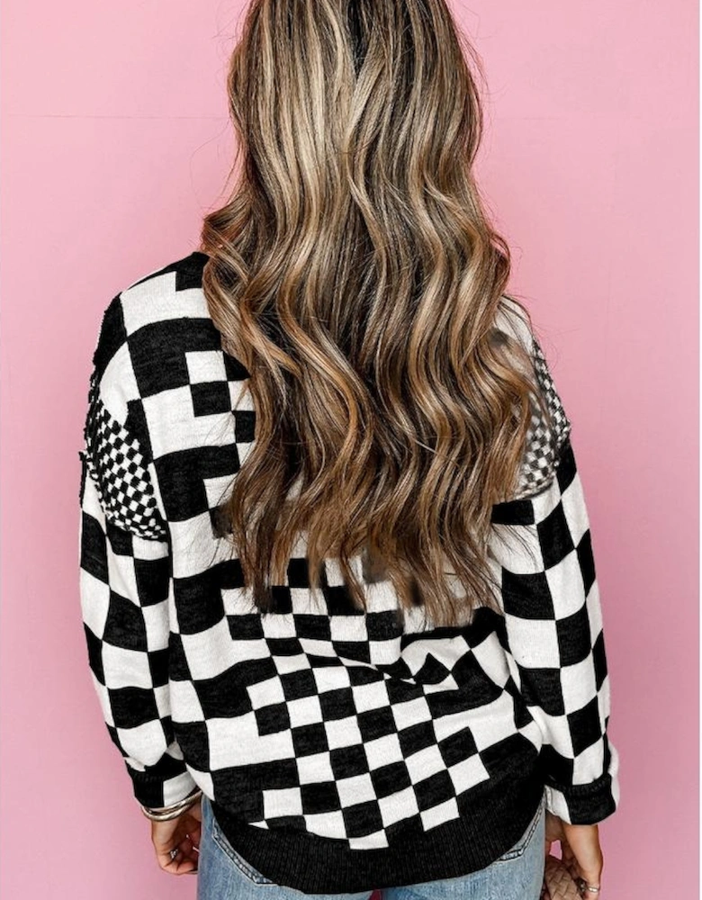 Black Checkered Print Drop Shoulder Round Neck Sweater