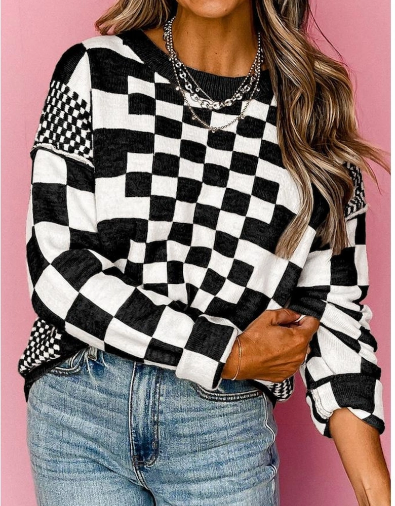 Black Checkered Print Drop Shoulder Round Neck Sweater