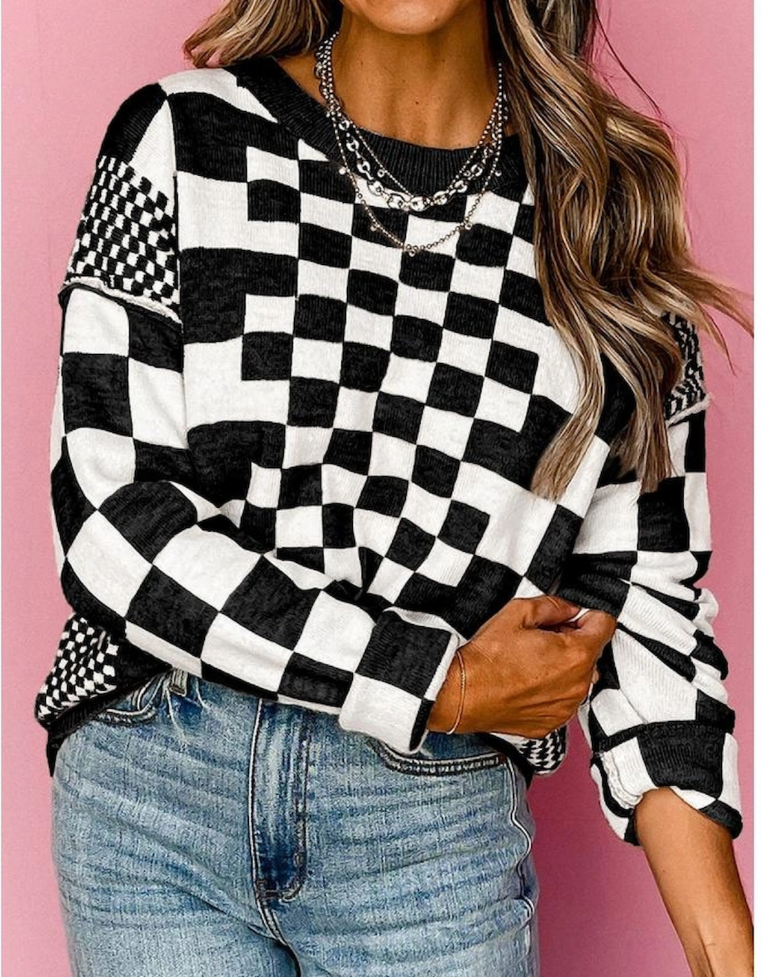 Black Checkered Print Drop Shoulder Round Neck Sweater