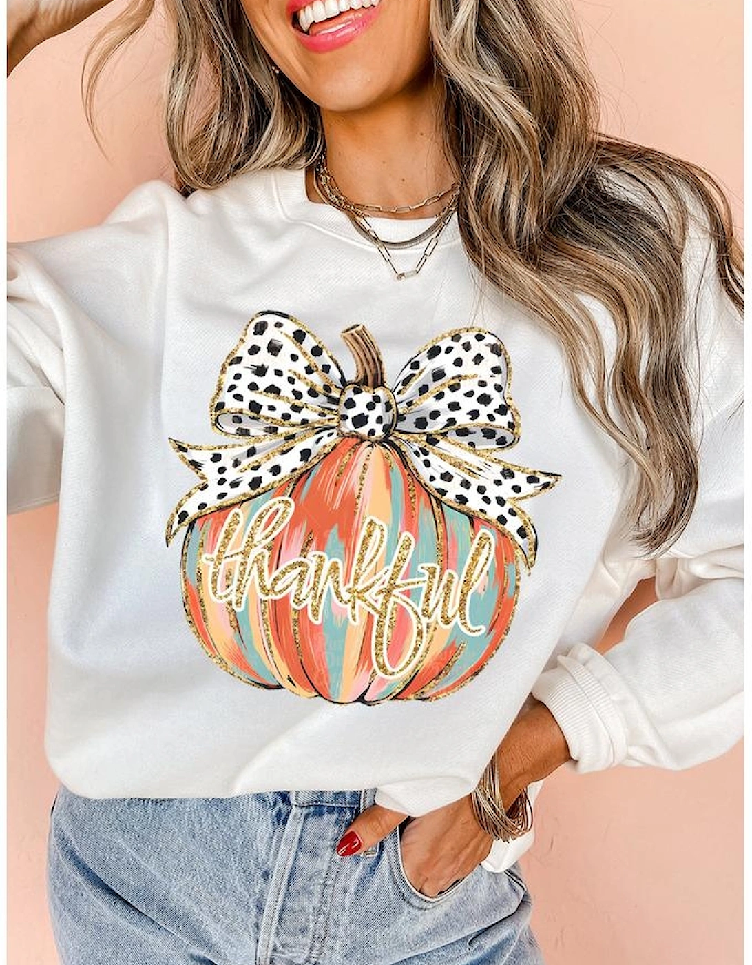 Beige Polka Dot Bow Knot Pumpkin Print Thanksgiving Sweatshirt