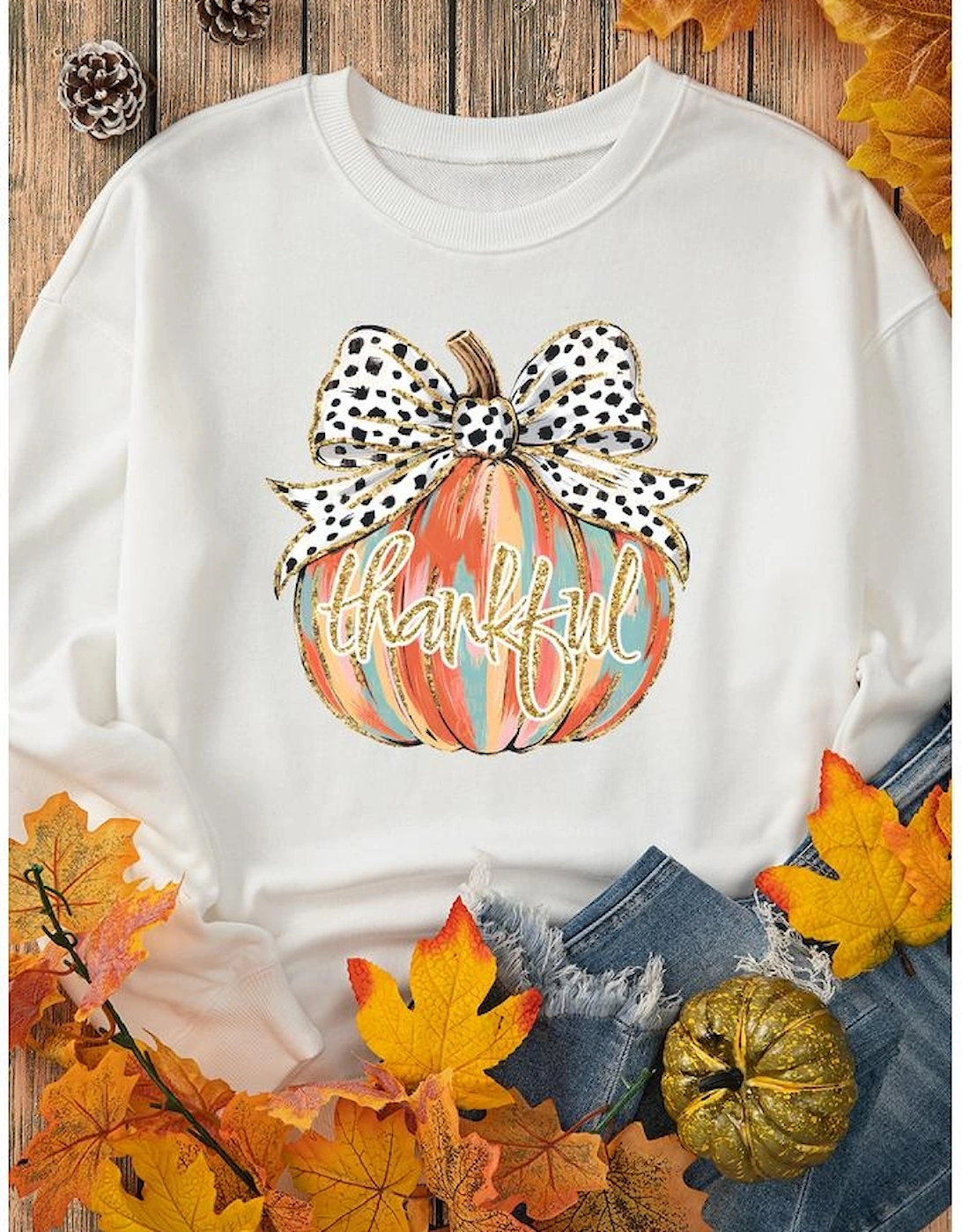 Beige Polka Dot Bow Knot Pumpkin Print Thanksgiving Sweatshirt