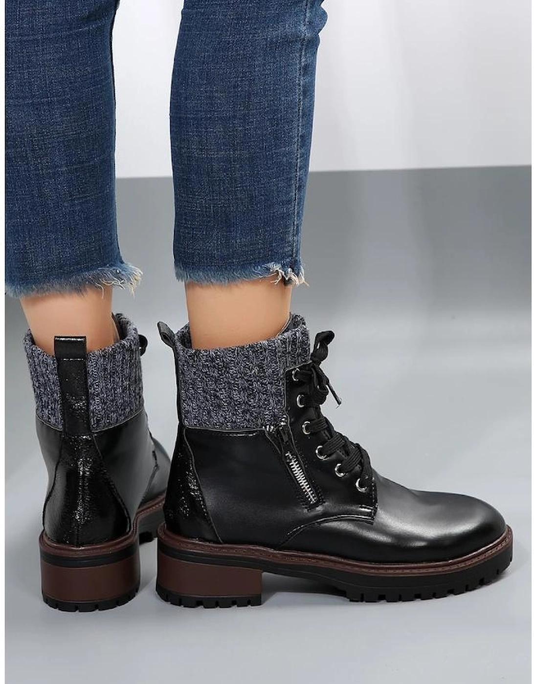 Black Knitted Patched Lace-up Heeled Ankle Boots, 10 of 9